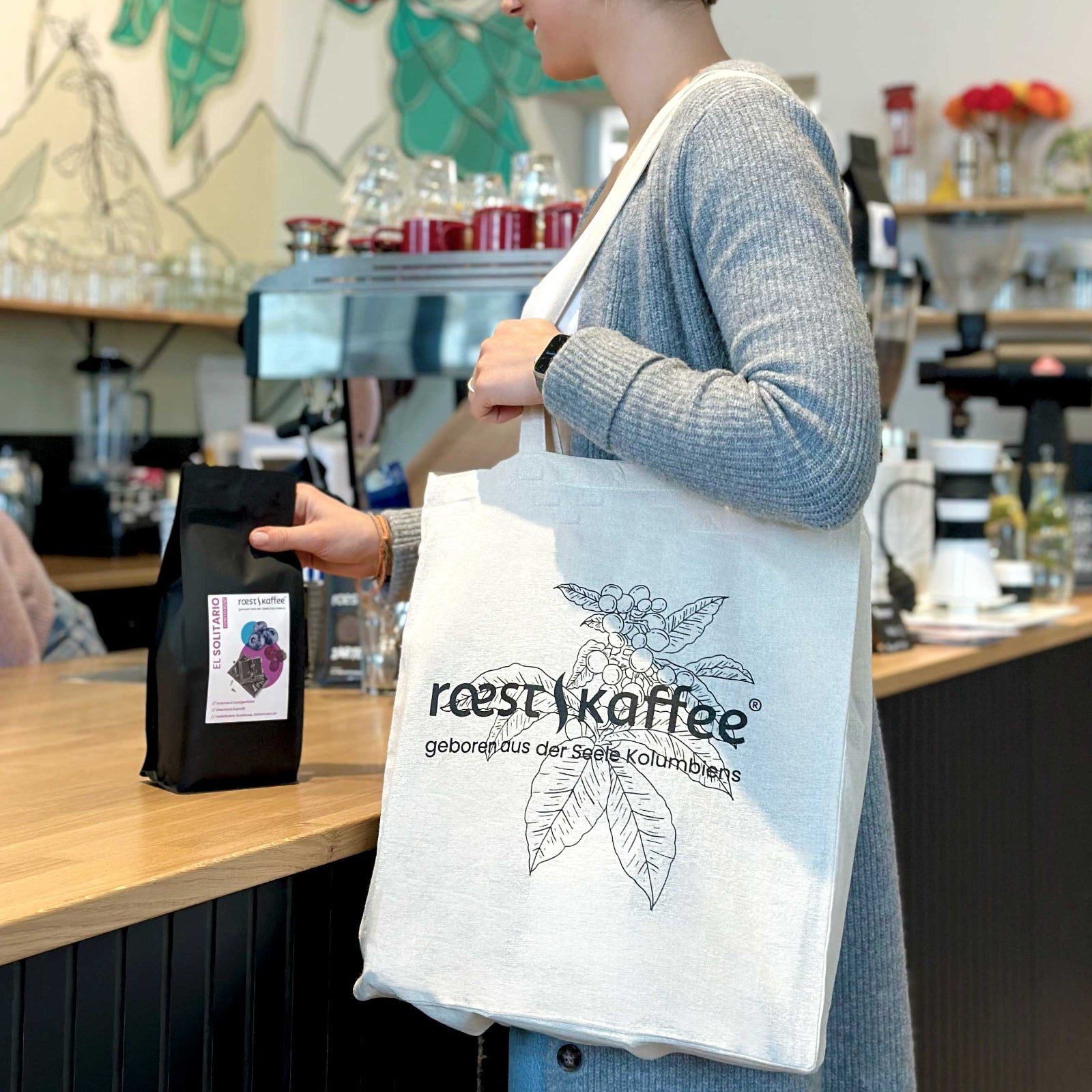 roestkaffee Jutebeutel mit Logo und Kaffeepflanze